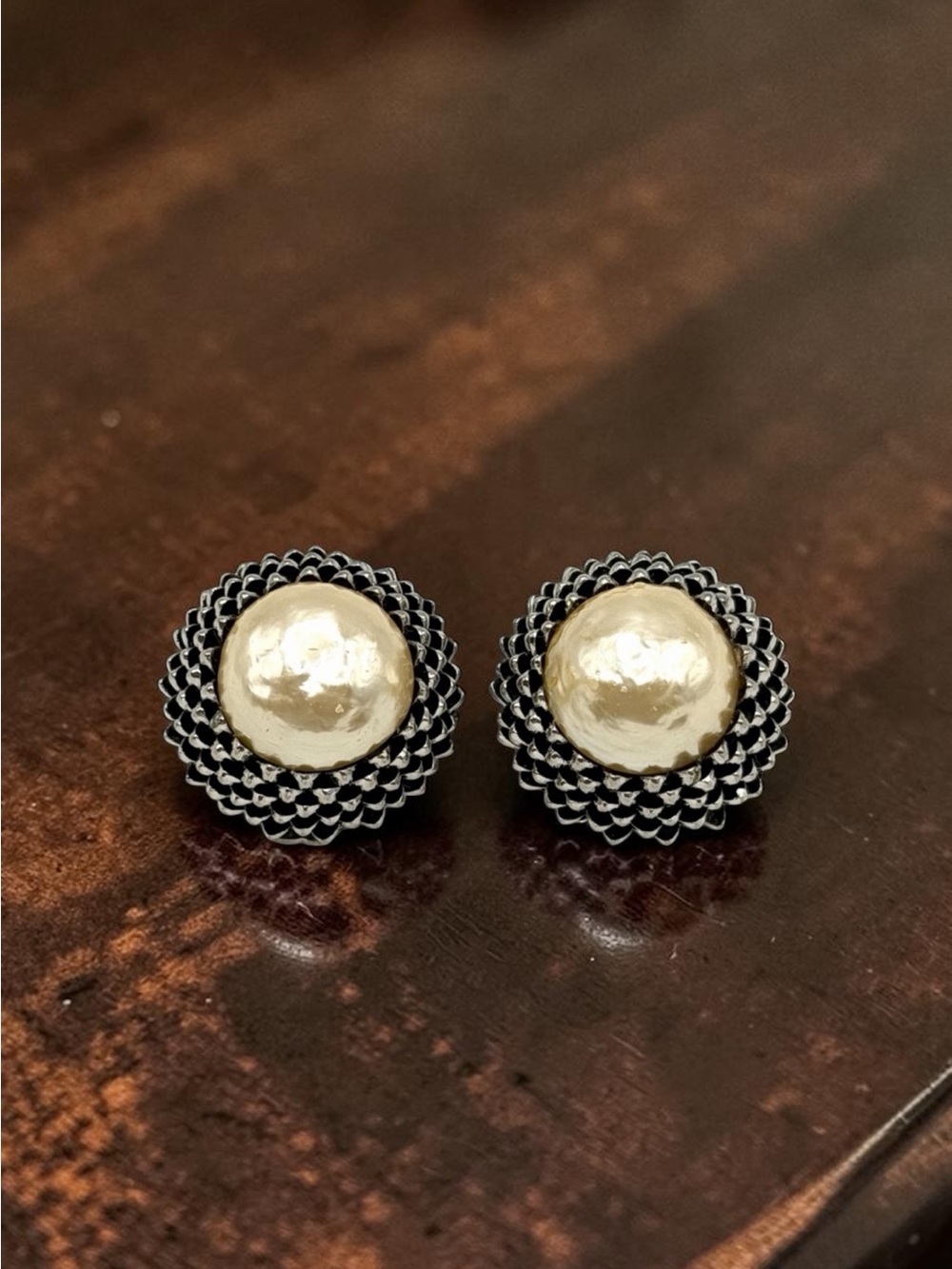 Vintage Signed Miriam Haskell Silver Dome Acorn Faux Pearl Clip On Earrings 1”